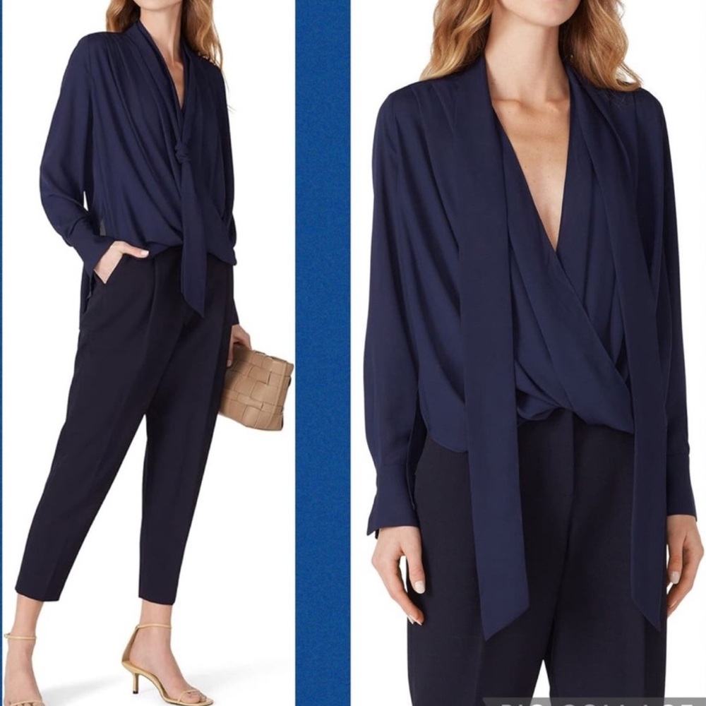Derek Lam Navy Drape Blouse Womens 42 (US Size 6) Tie Neck Flowy Career‎ Classy